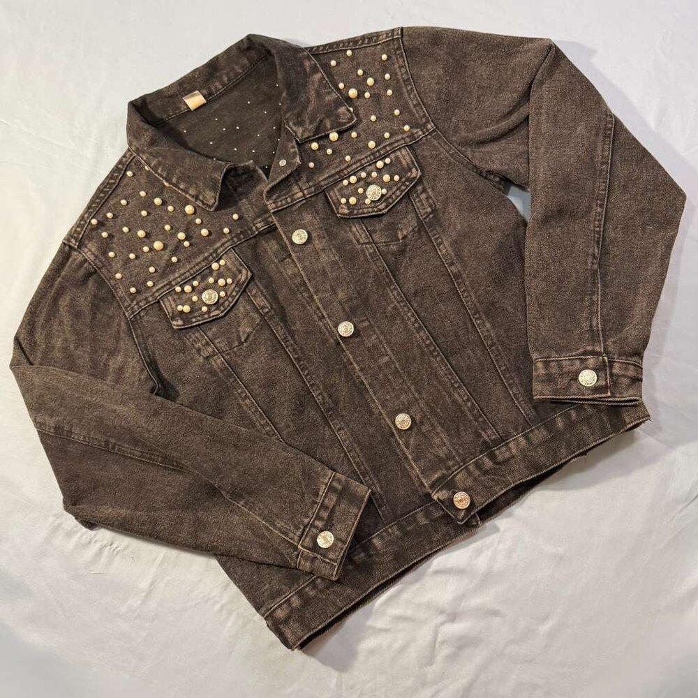 Denim black jacket with pearl embellishments